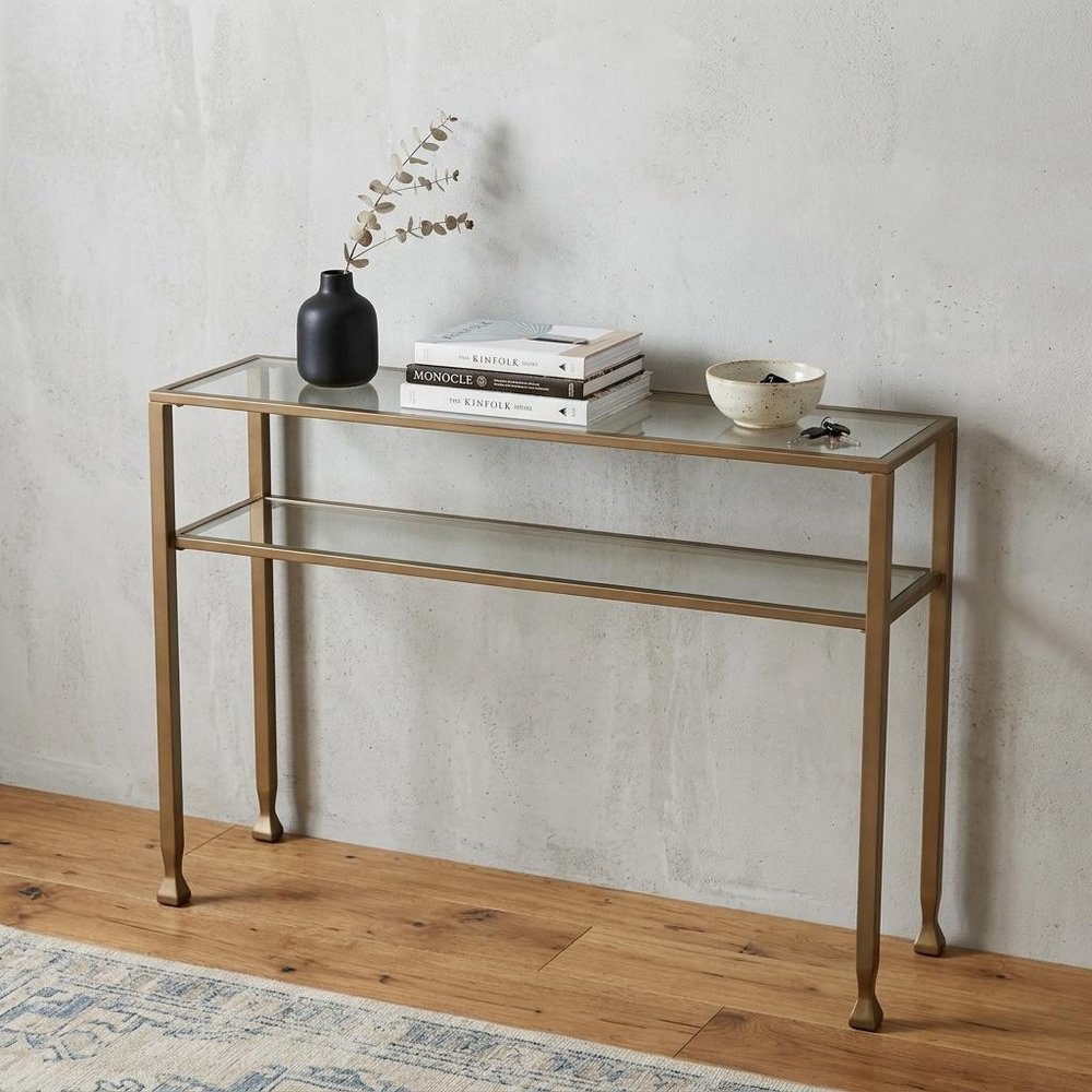 43" Clear and Gold Glass Console Table With Shelves
