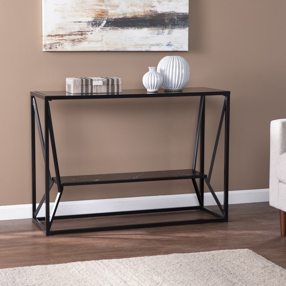 42" Black Glass and Metal A Frame Console Table With Shelf