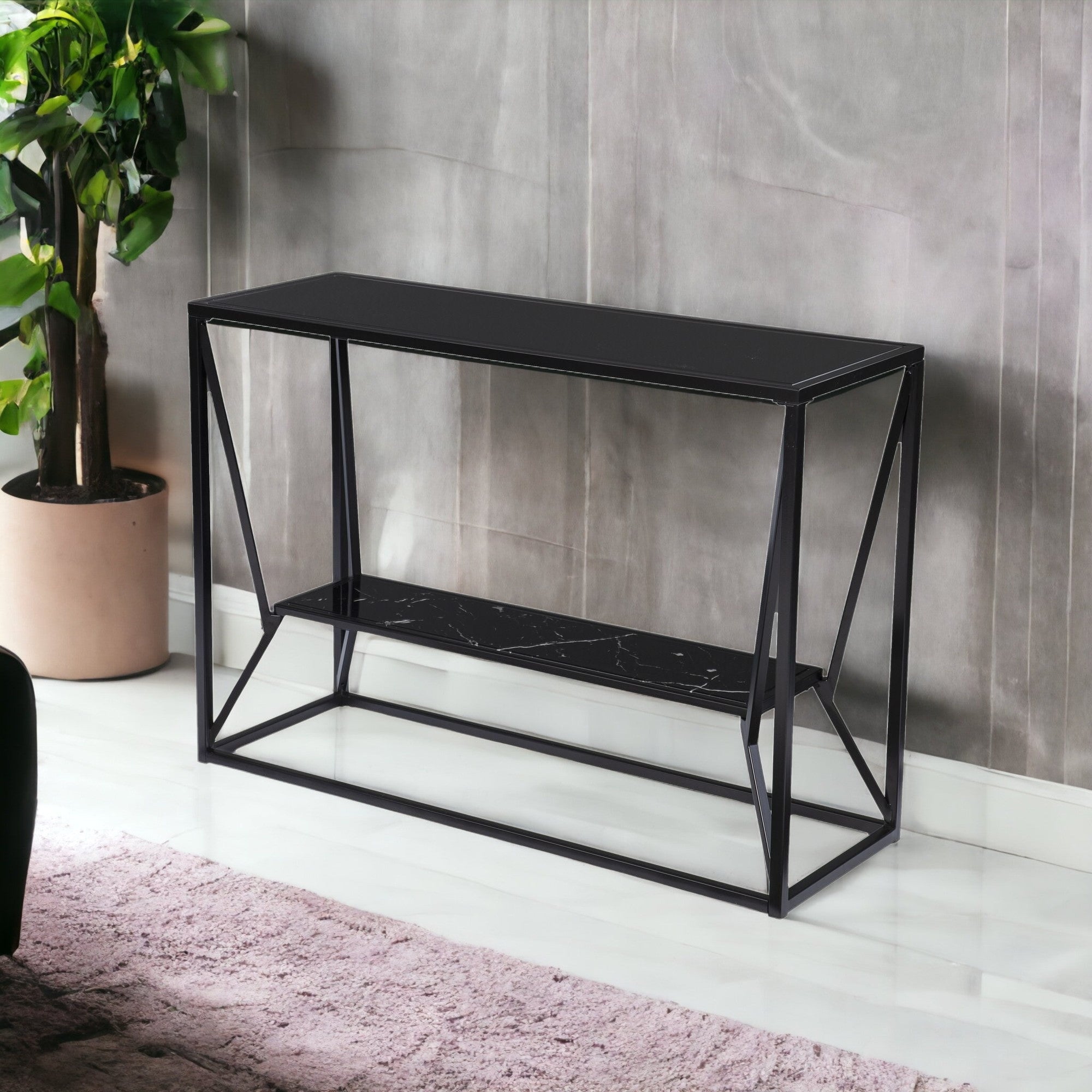 42" Black Glass Frame Console Table With Shelves