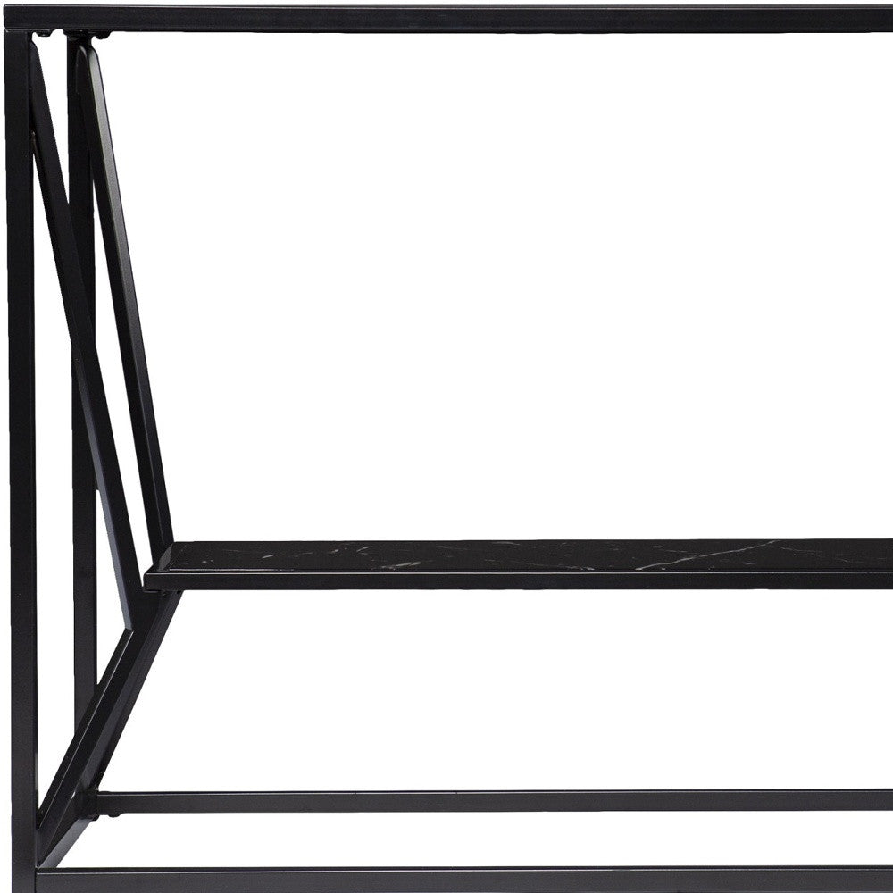42" Black Glass and Metal A Frame Console Table With Shelf