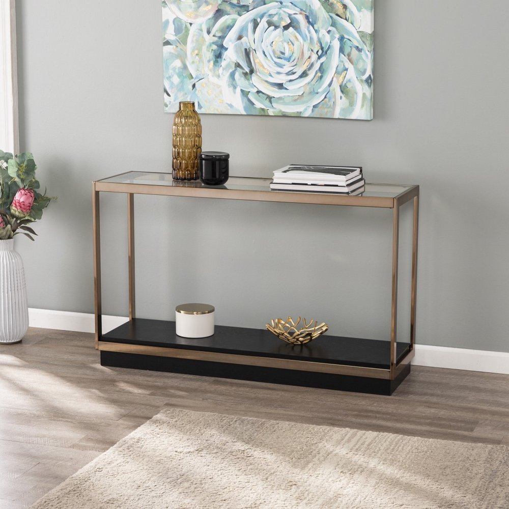 48" Clear Black and Champagne Glass Floor Shelf Console Table With Shelf