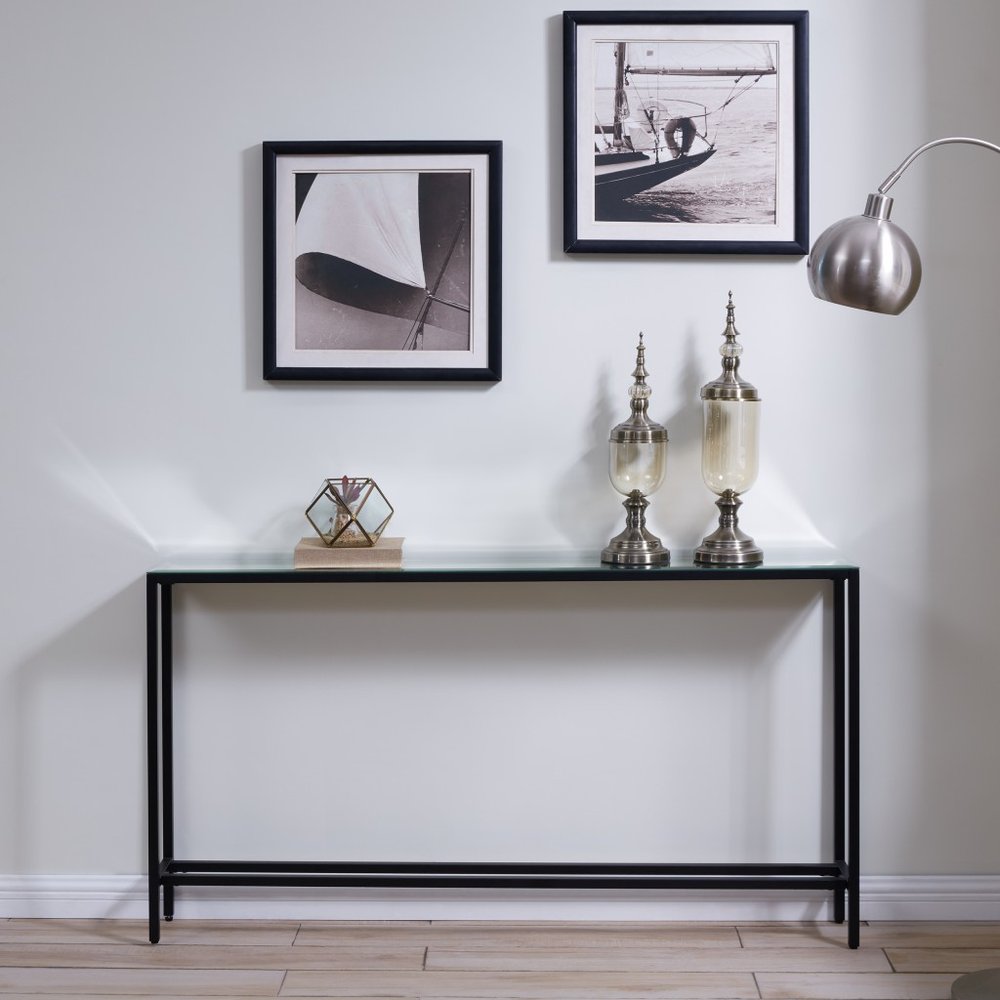 56" Silver and Gunmetal Mirrored Glass and Metal Console Table