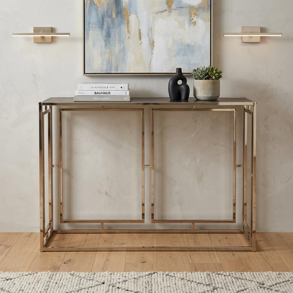 44" Champagne and Gold Faux Marble and Metal Frame Console Table