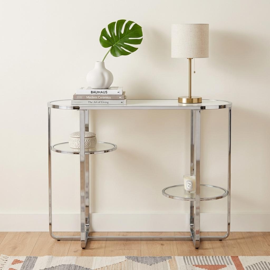42" Silver Mirrored Glass and Iron Oval Cross Leg Console Table With Two Shelves