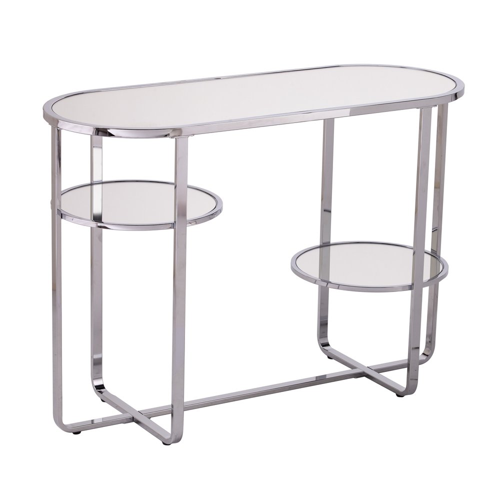 42" Silver Mirrored Glass and Iron Oval Cross Leg Console Table With Two Shelves