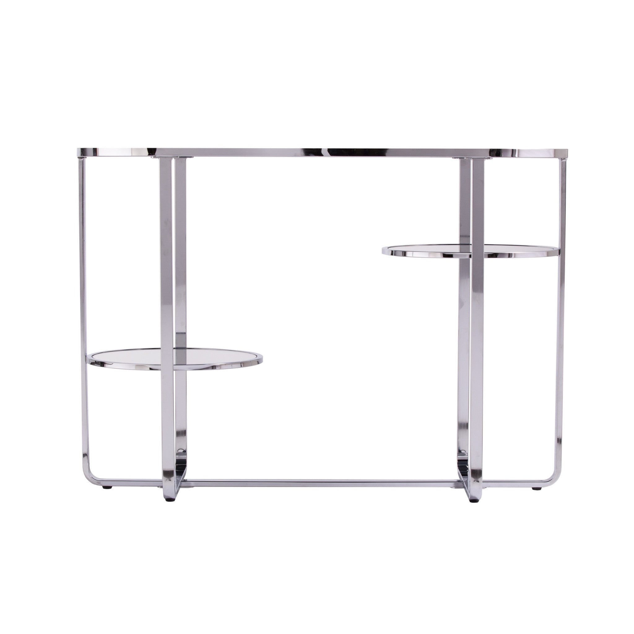 42" Clear and Silver Mirrored Glass Oval Frame Console Table With Shelves