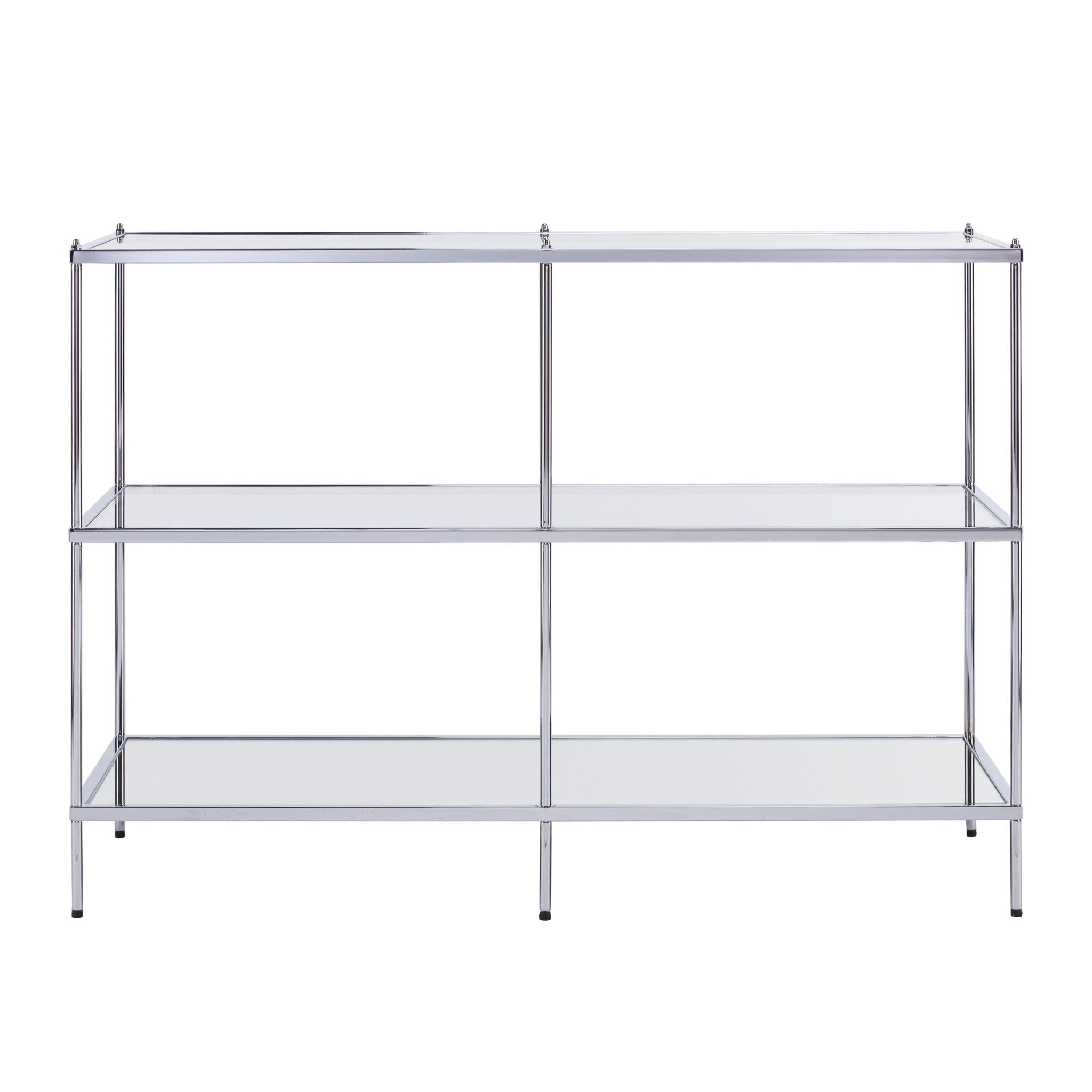 42" Clear and Silver Glass Mirrored Frame Console Table With Shelves