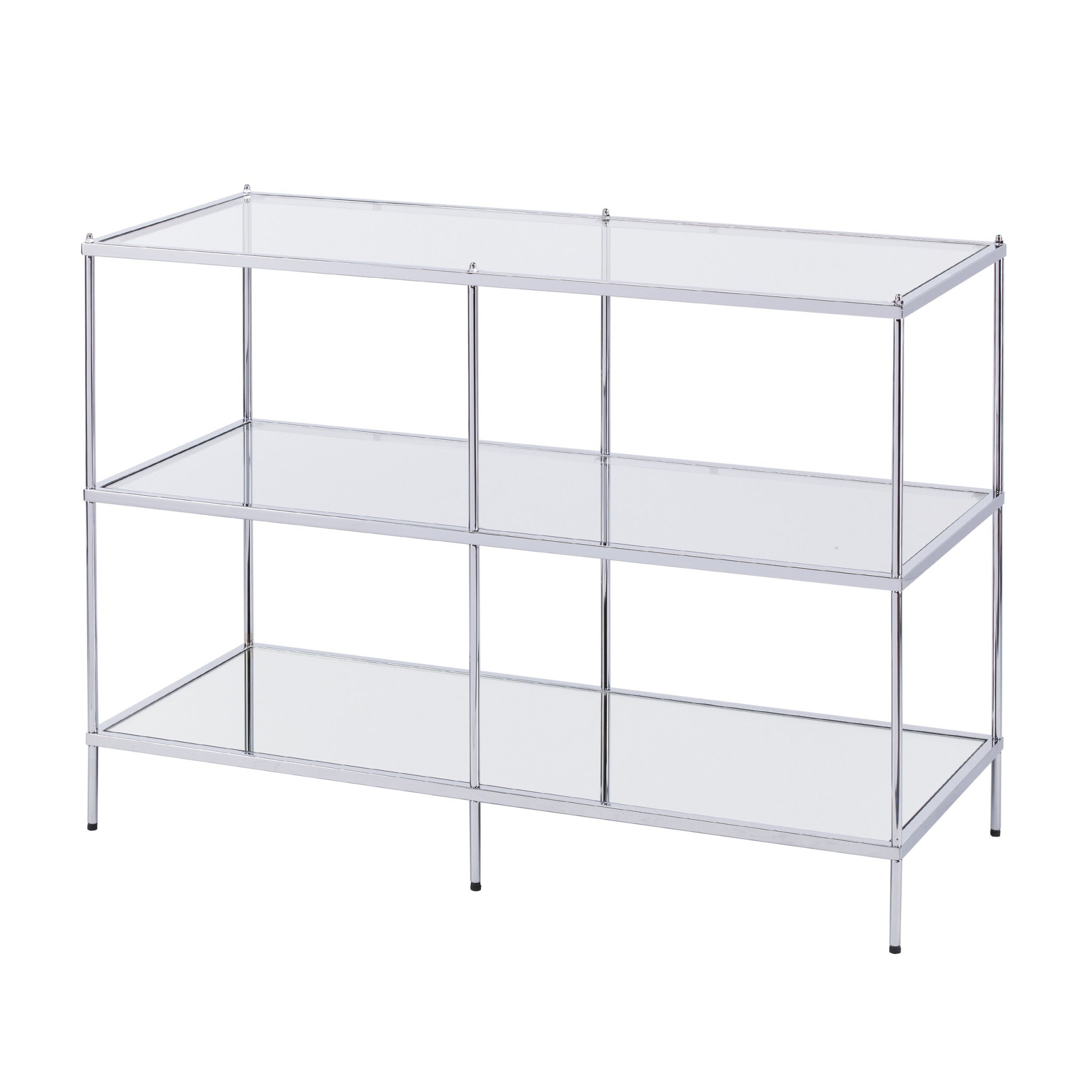 42" Clear and Silver Glass Mirrored Frame Console Table With Shelves