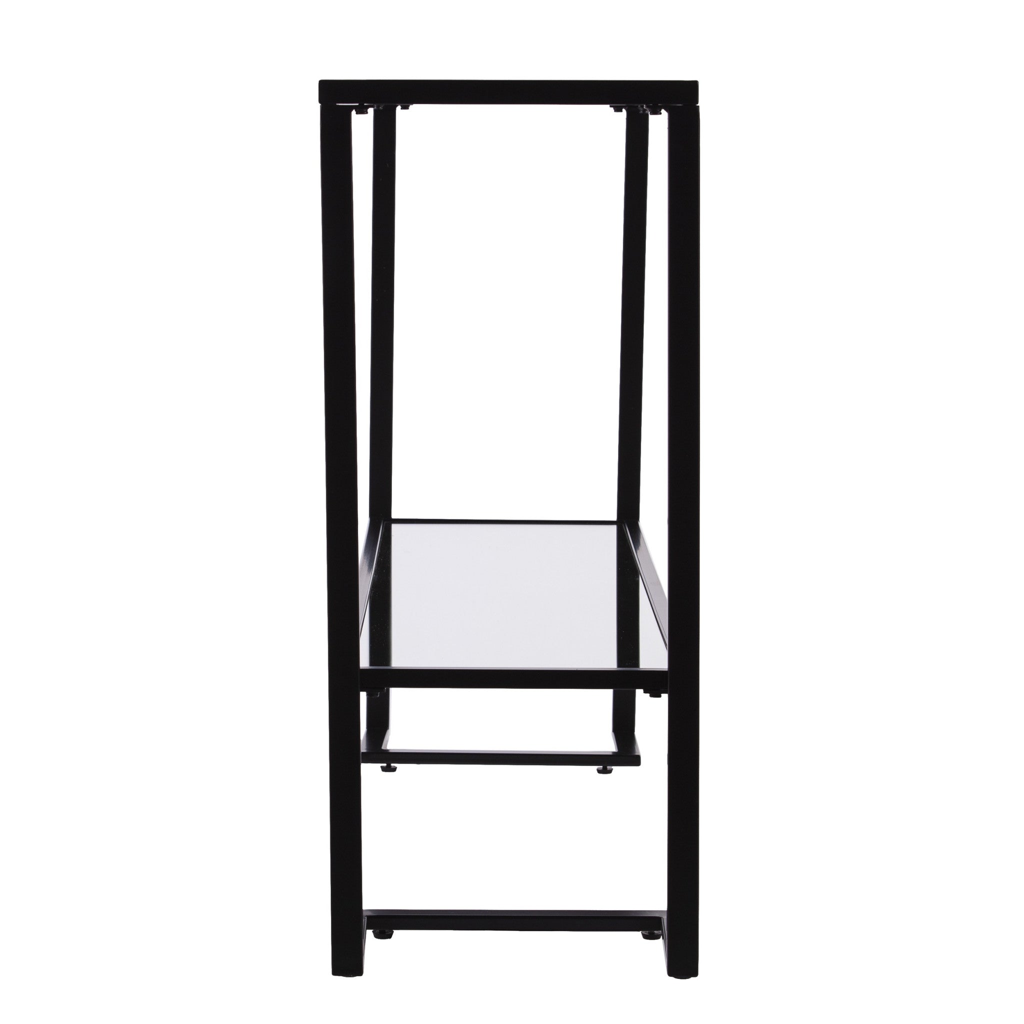 52" Clear and Black Glass Mirrored Sled Console Table With Shelves