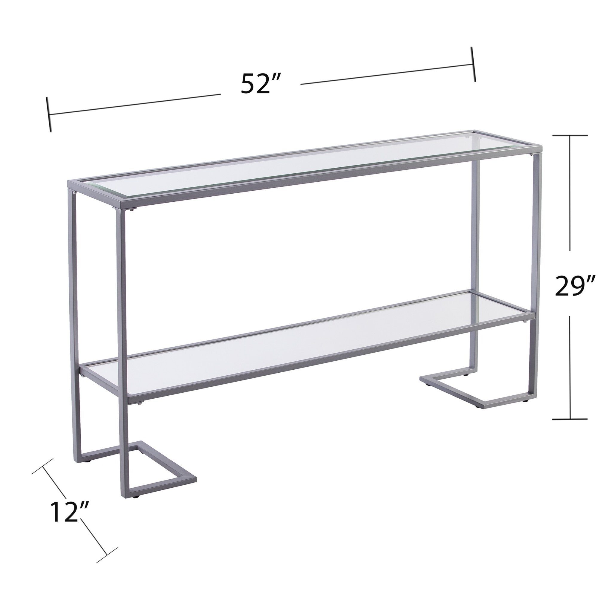 52" Clear and Silver Glass Sled Console Table With Shelves