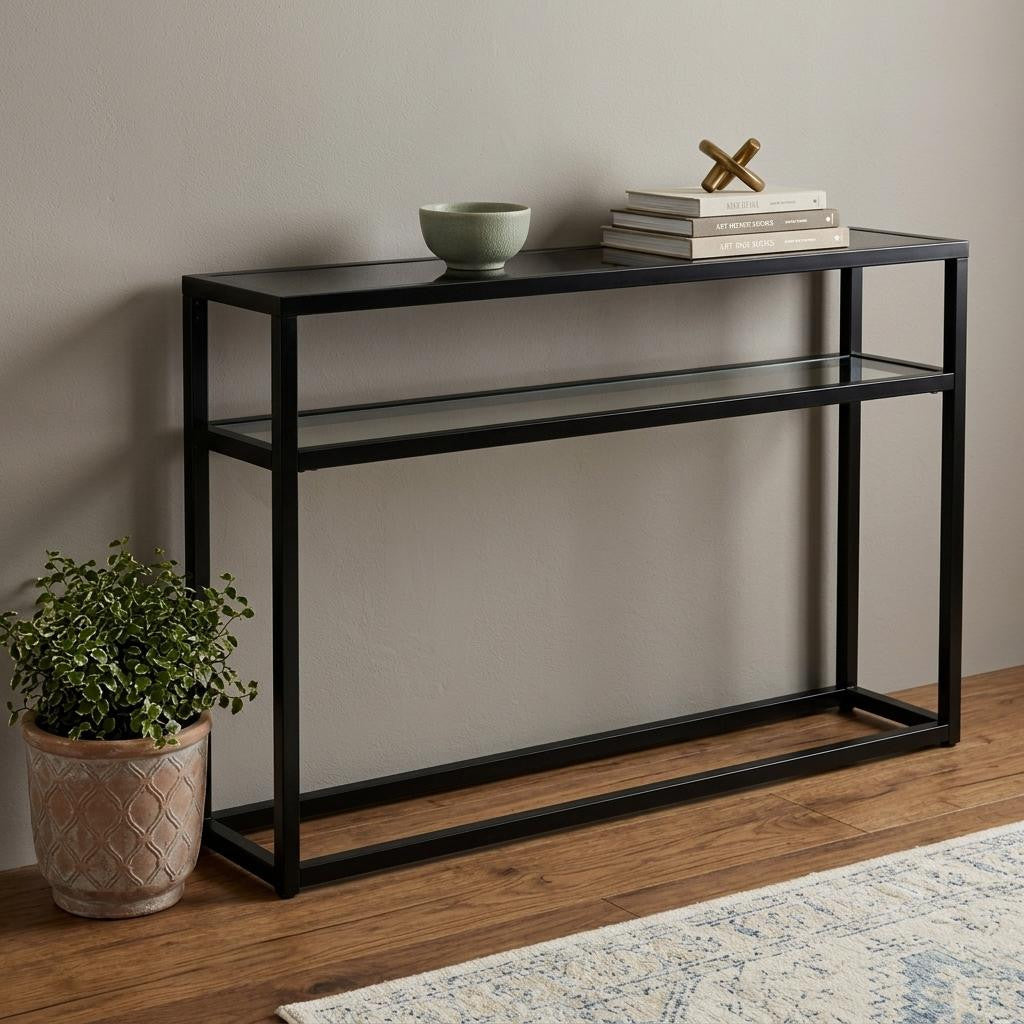 50" Black Glass Frame Console Table With Shelves