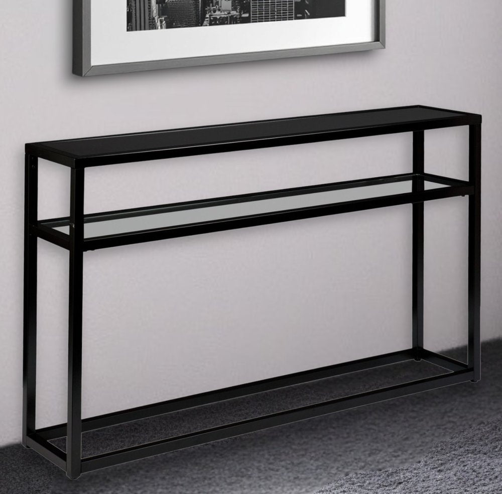 50" Black Glass Frame Console Table With Shelves