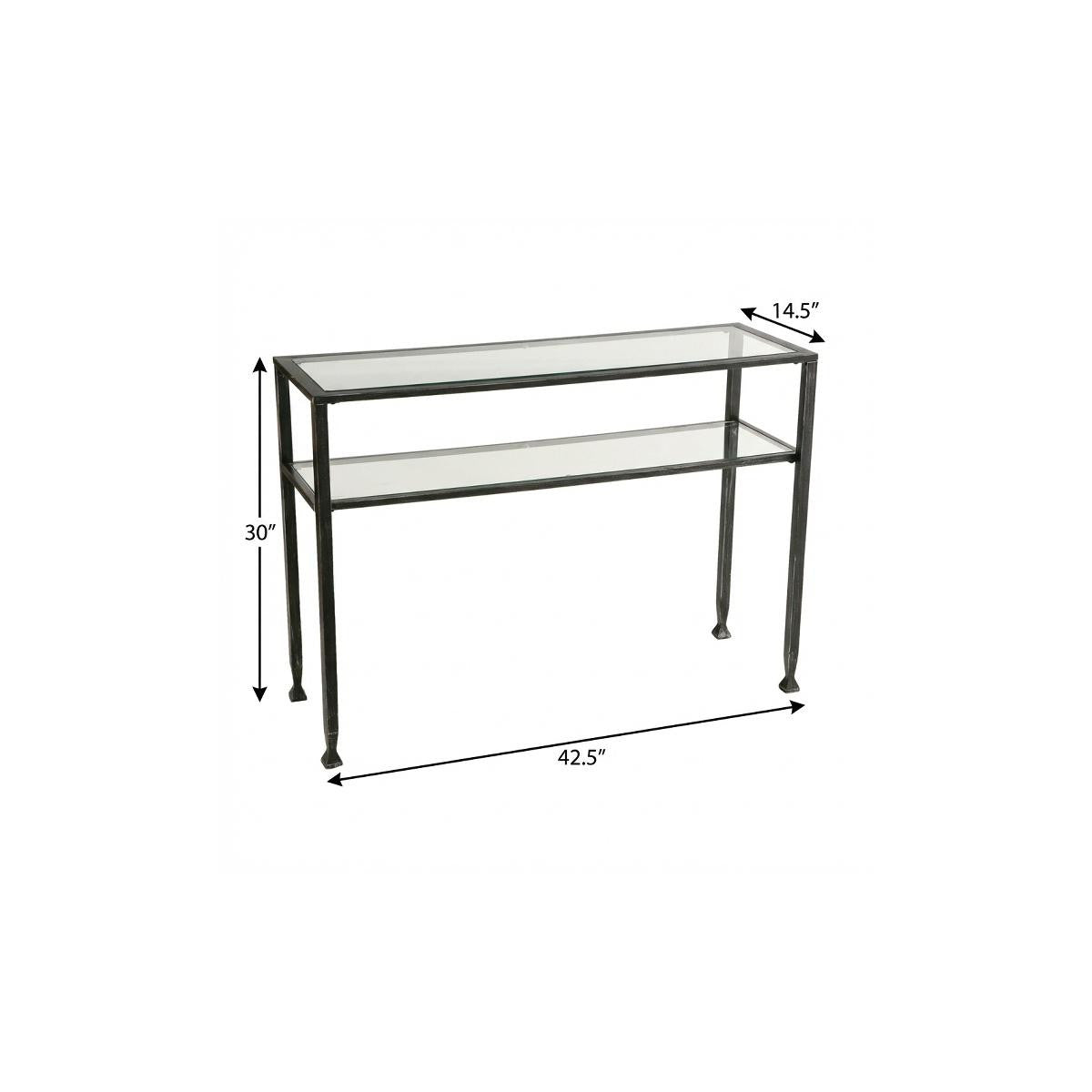 43" Clear and Black and Silver Glass Distressed Console Table With Storage