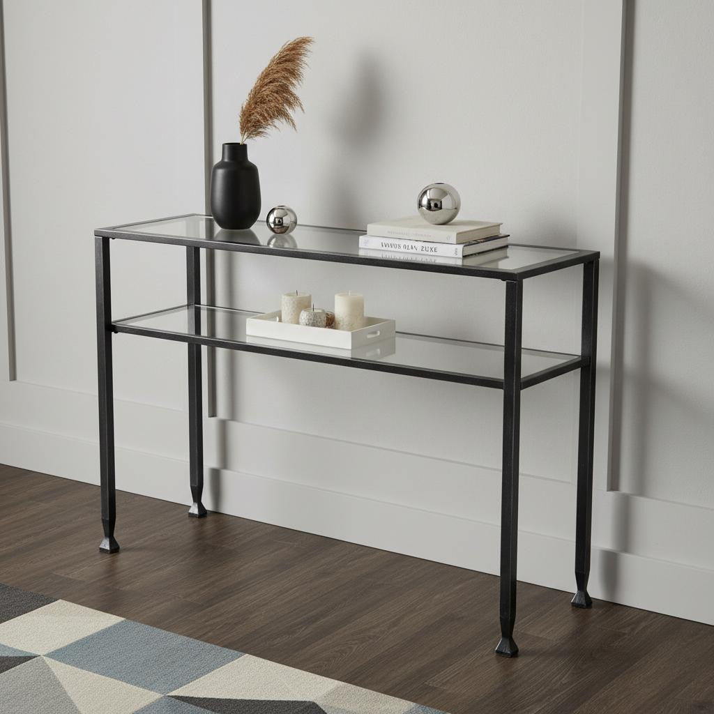 43" Clear and Black and Silver Glass Distressed Console Table With Storage