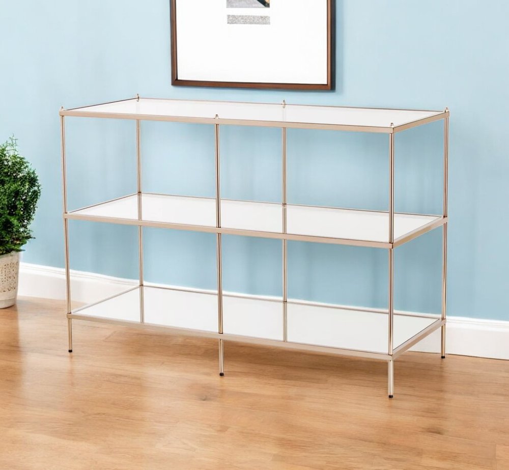 42" Clear and Gold Glass Mirrored Frame Console Table With Shelves