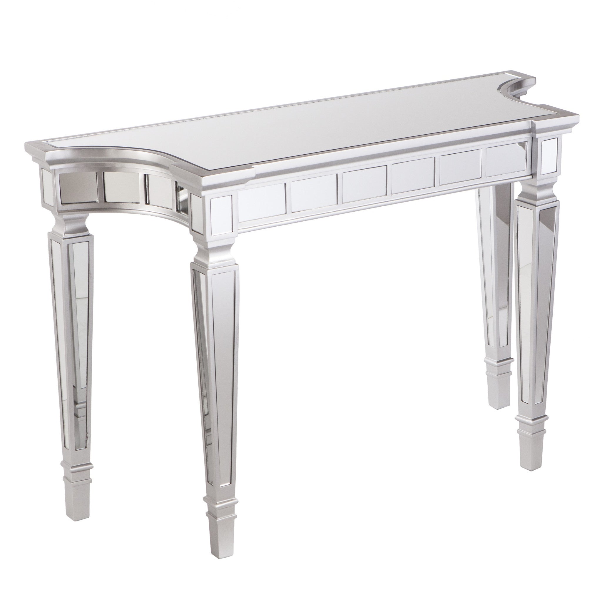 45" Silver Mirrored Glass and Wood Free Form Console Table