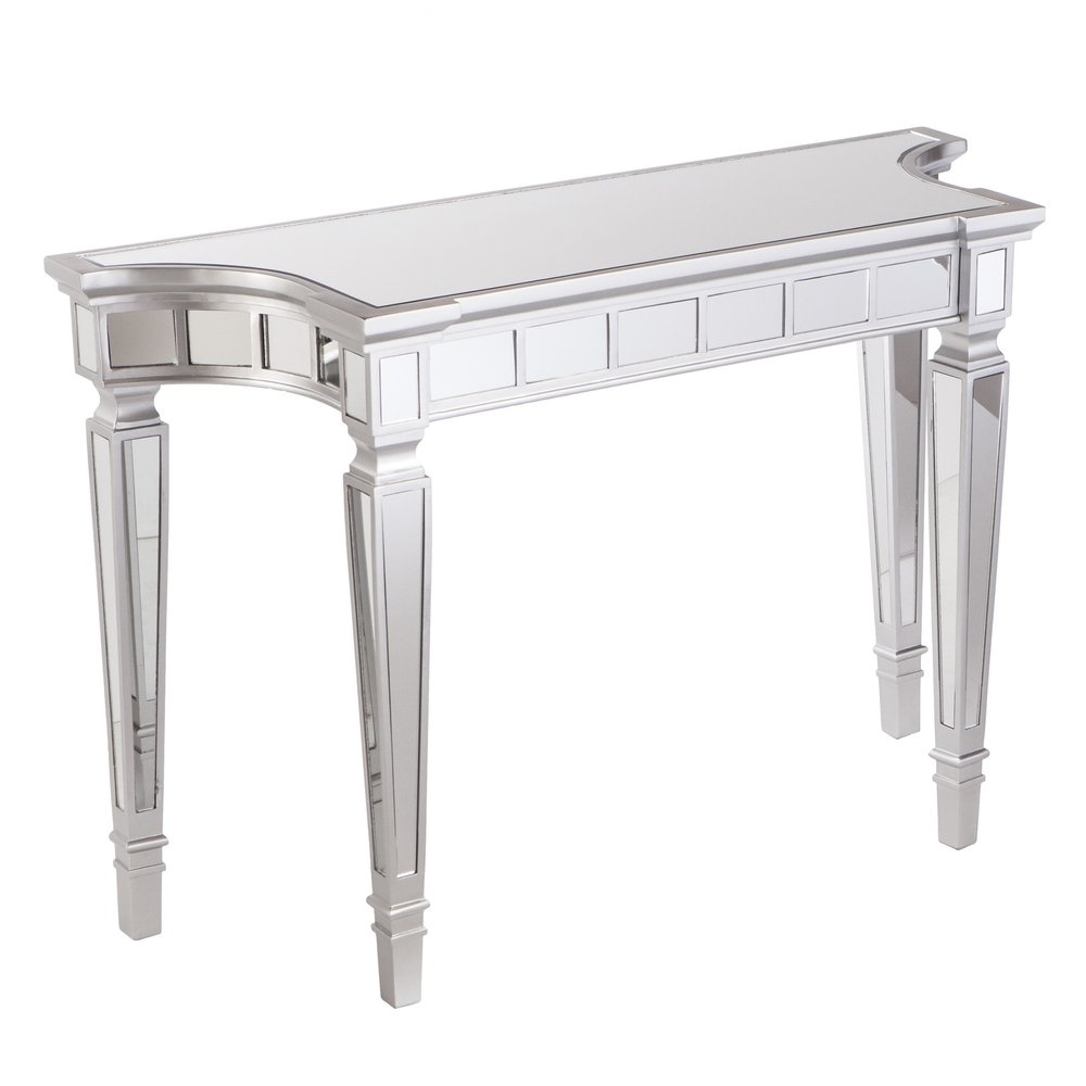45" Silver Mirrored Glass and Wood Free Form Console Table