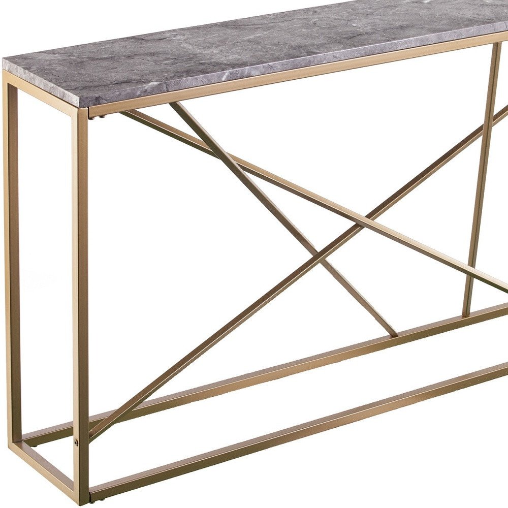 52" Gray and Gold Faux Marble and Metal A Frame Console Table