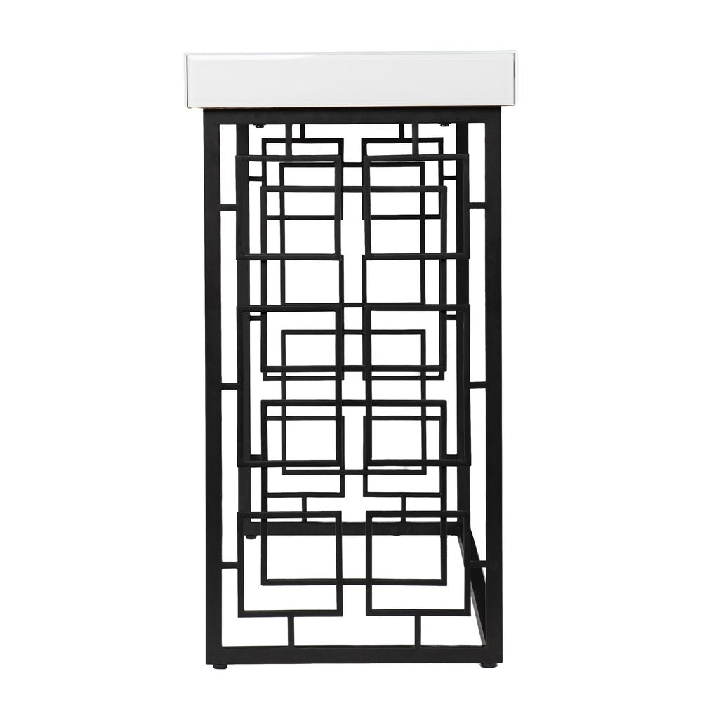 42" White and Black Glass and Metal Sled Console Table