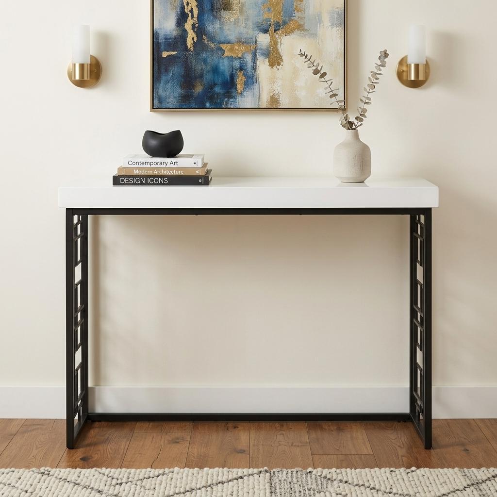42" White and Black Glass and Metal Sled Console Table