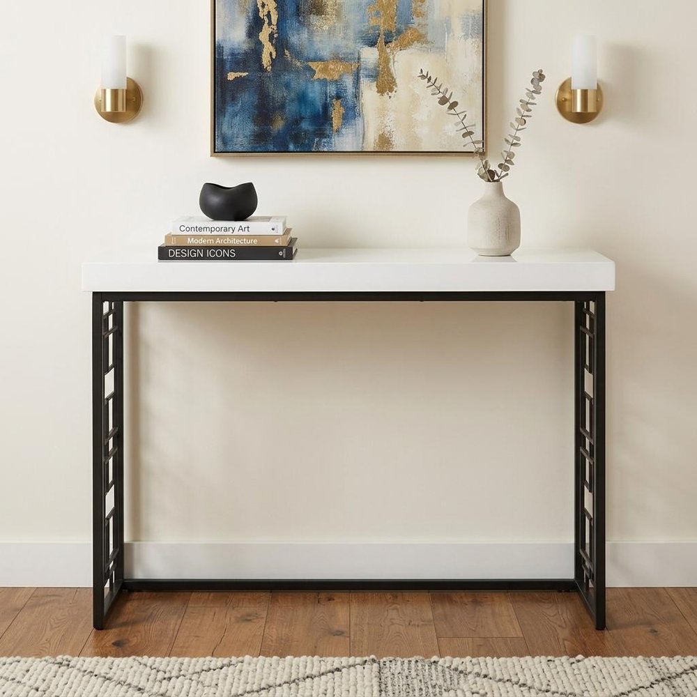 42" White and Black Glass and Metal Sled Console Table