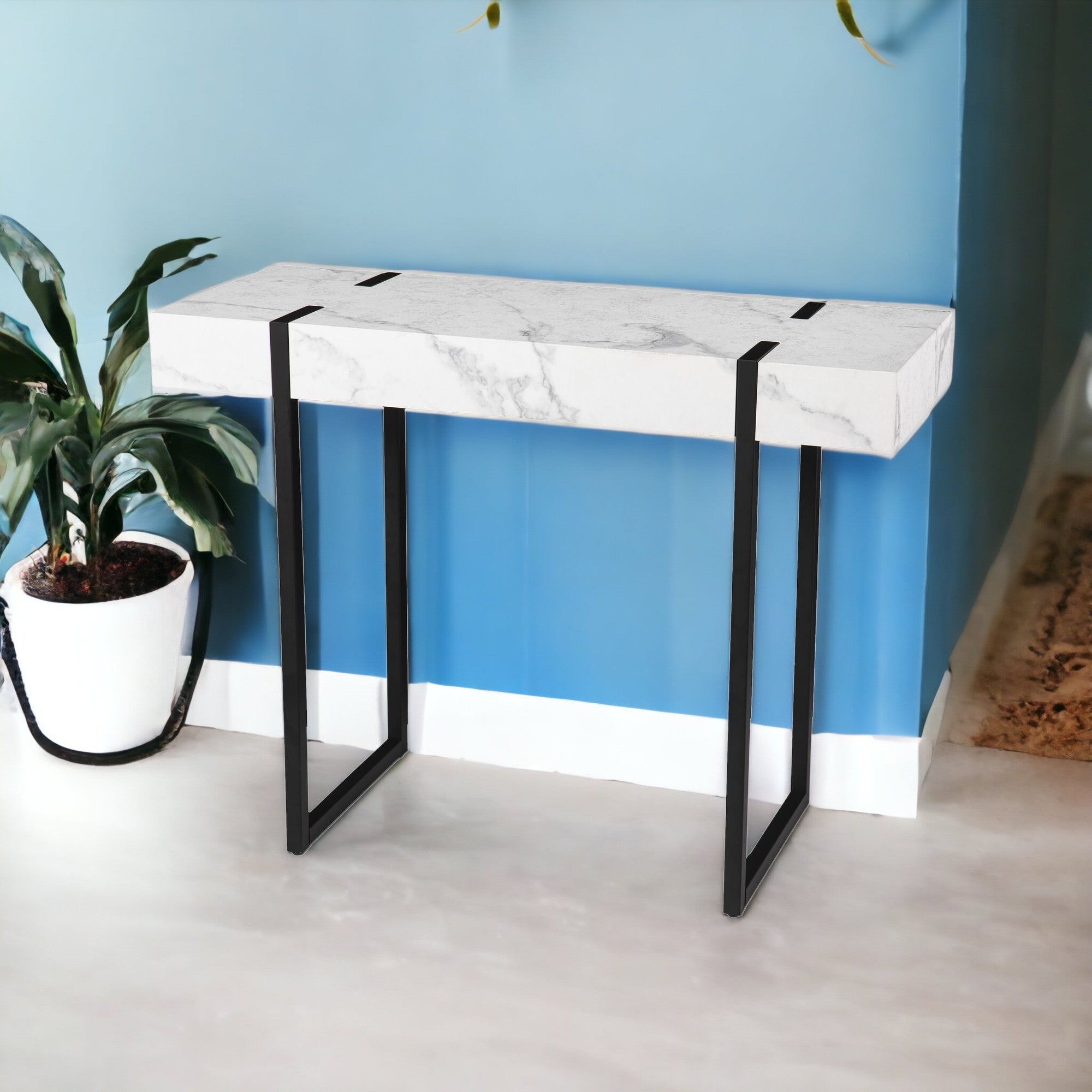 39" White and Black Faux Marble Sled Console Table