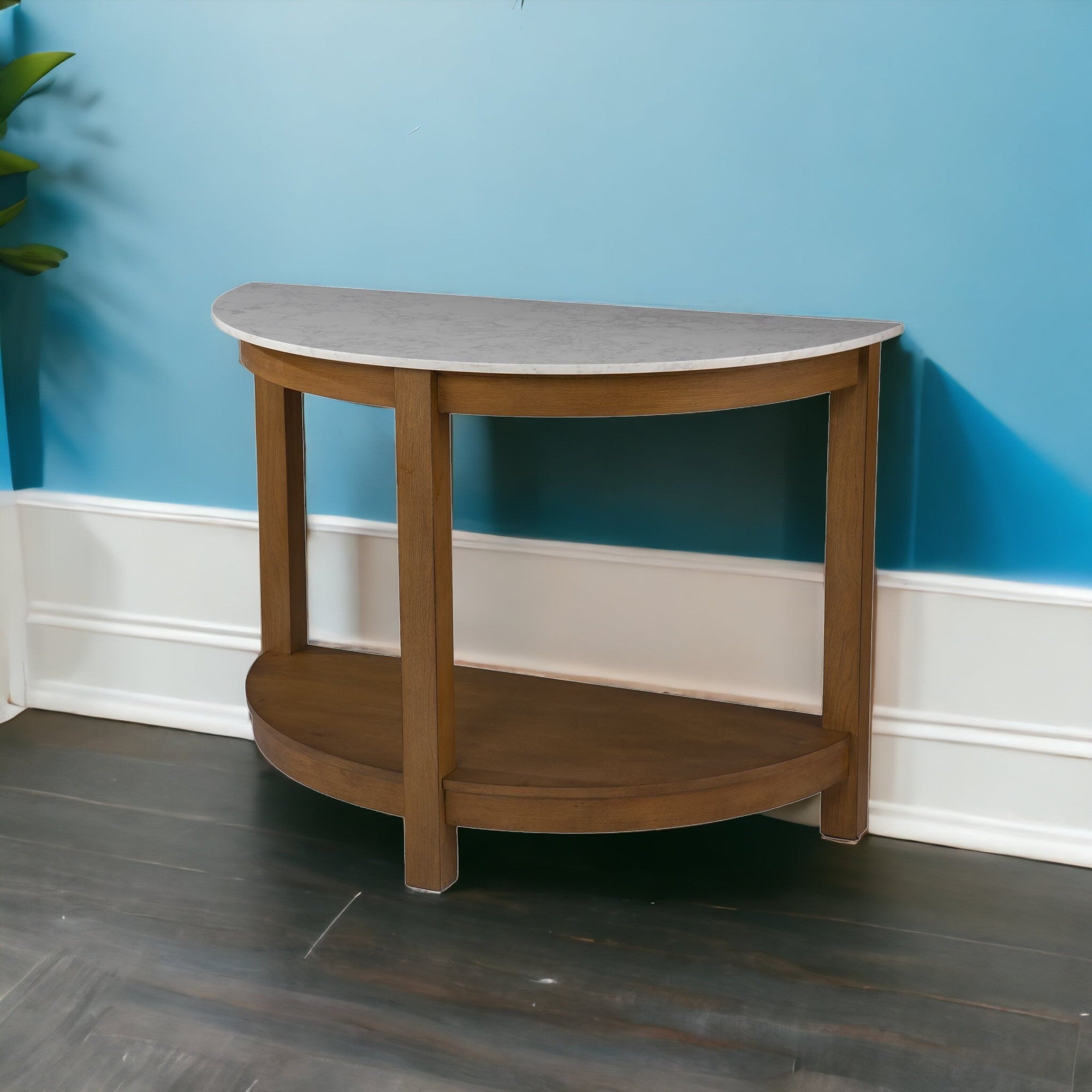 42" White and Natural Faux Marble Half Circle Three Leg Console Table With Shelves