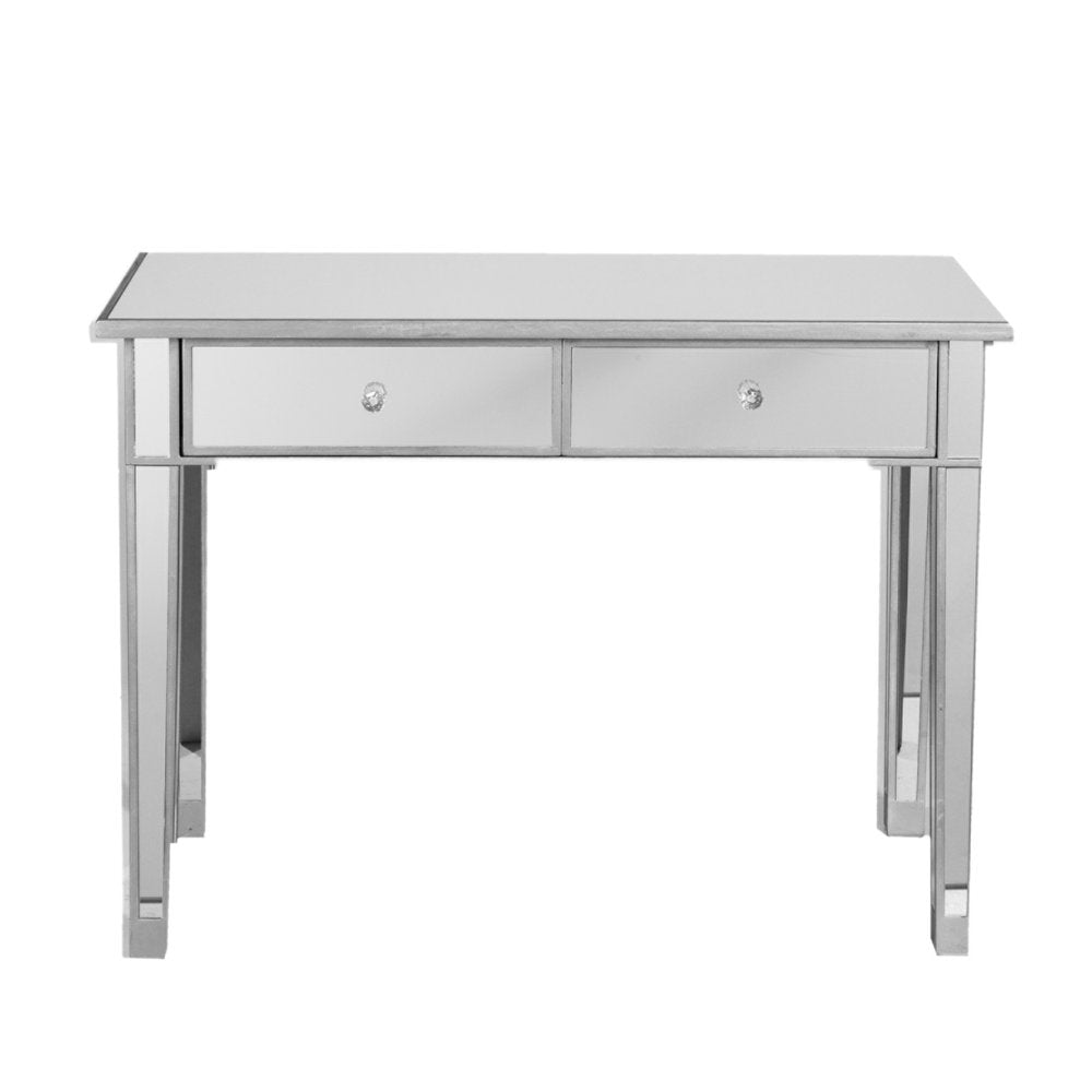 40" Silver Mirrored Glass and Wood Console Table With Two Drawers
