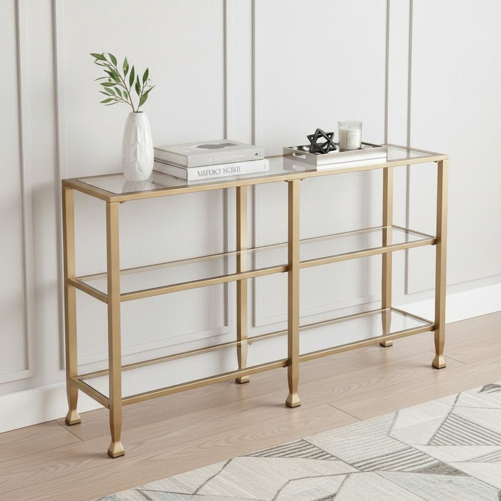 49" Clear and Gold Glass Floor Shelf Console Table With Storage