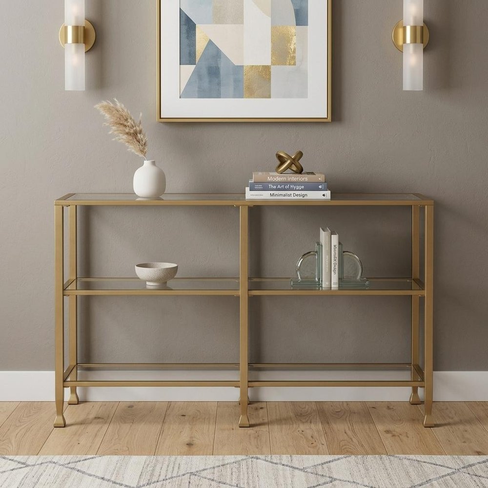 49" Clear and Gold Glass Floor Shelf Console Table With Storage
