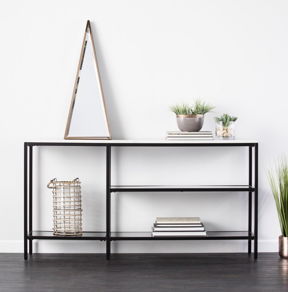 56" White and Black Faux Marble Frame Console Table Two Shelves