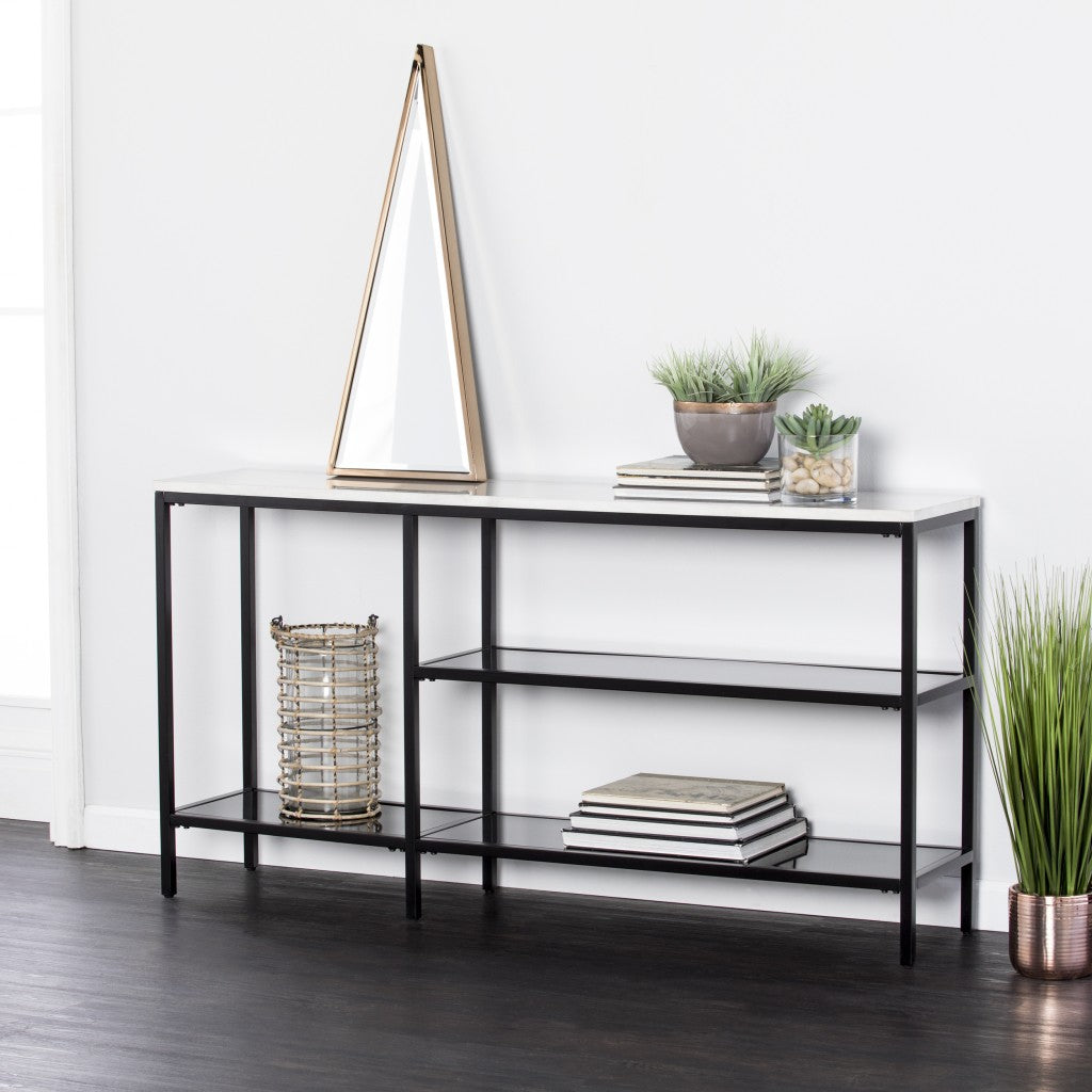 56" White and Black Faux Marble Frame Console Table Two Shelves
