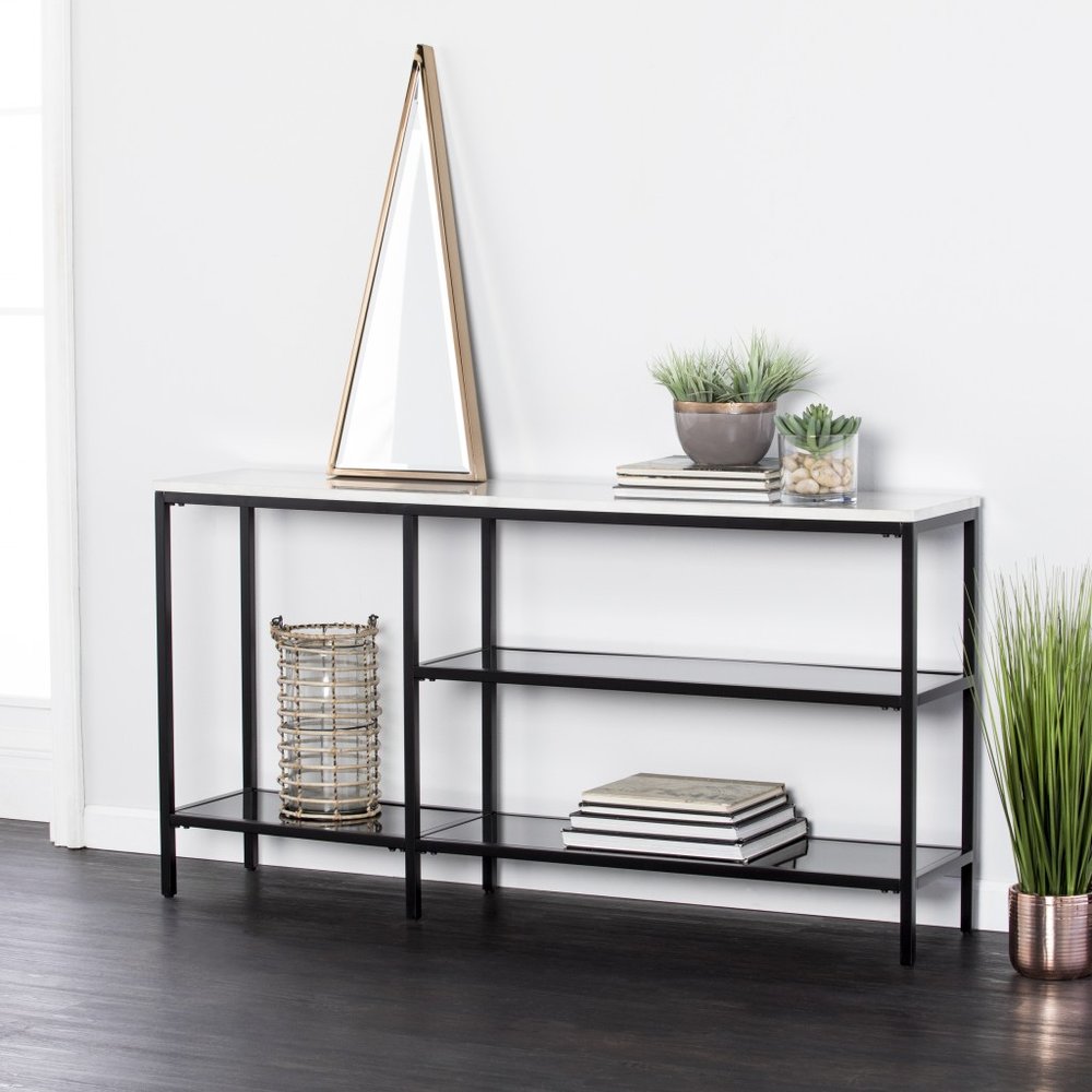 56" White and Black Faux Marble Frame Console Table Two Shelves