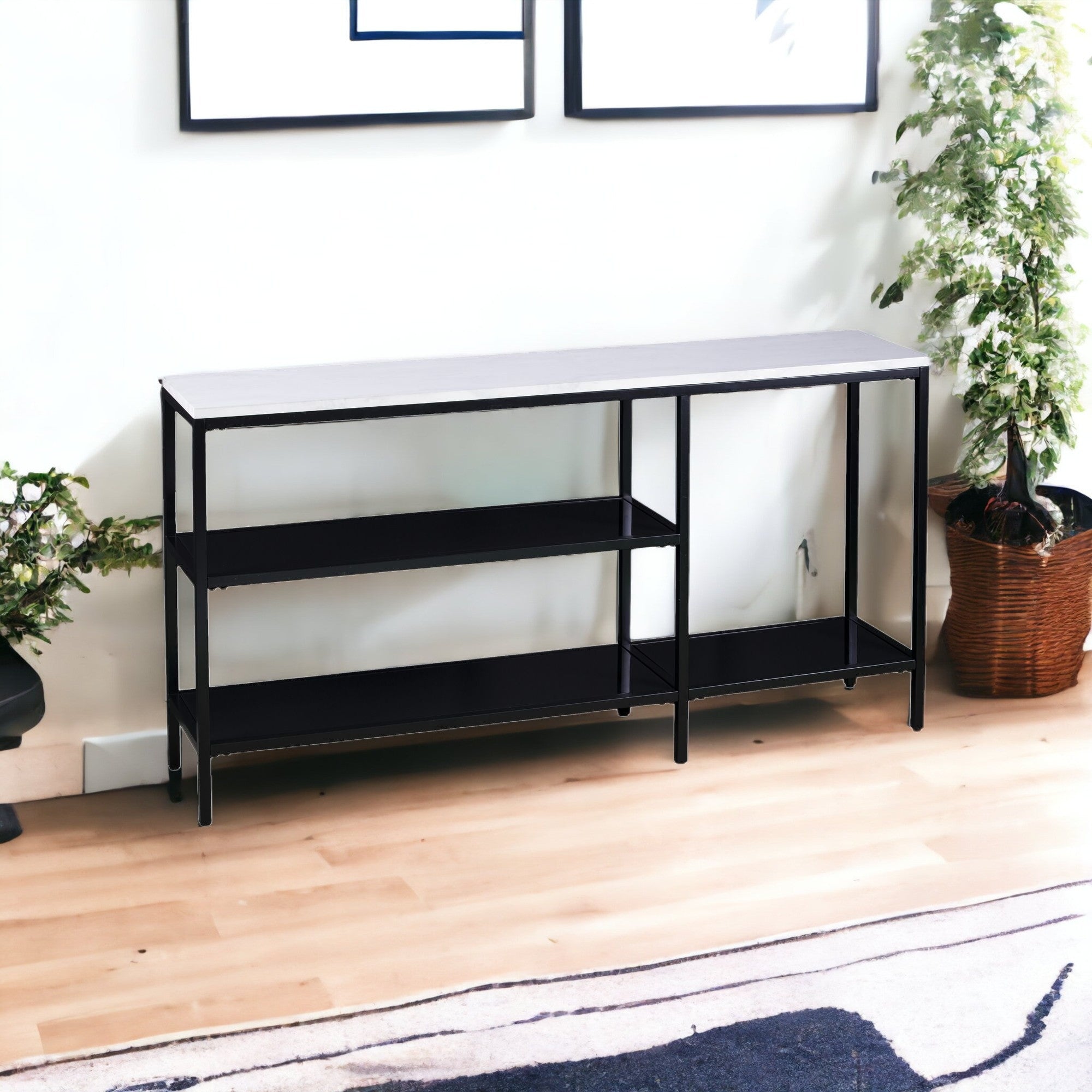 56" White and Black Faux Marble Frame Console Table Two Shelves