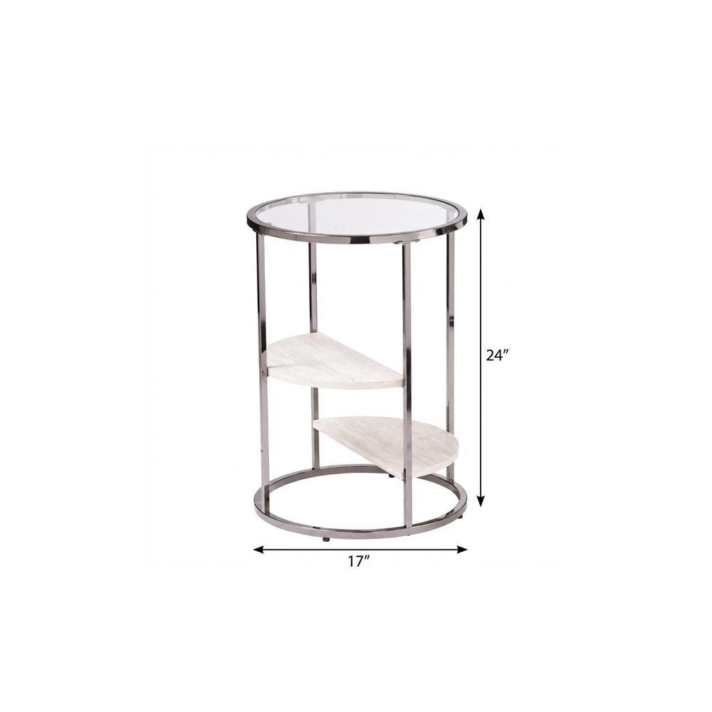 24" Black Metal Glass And Faux Marble Round End Table With Two Shelves