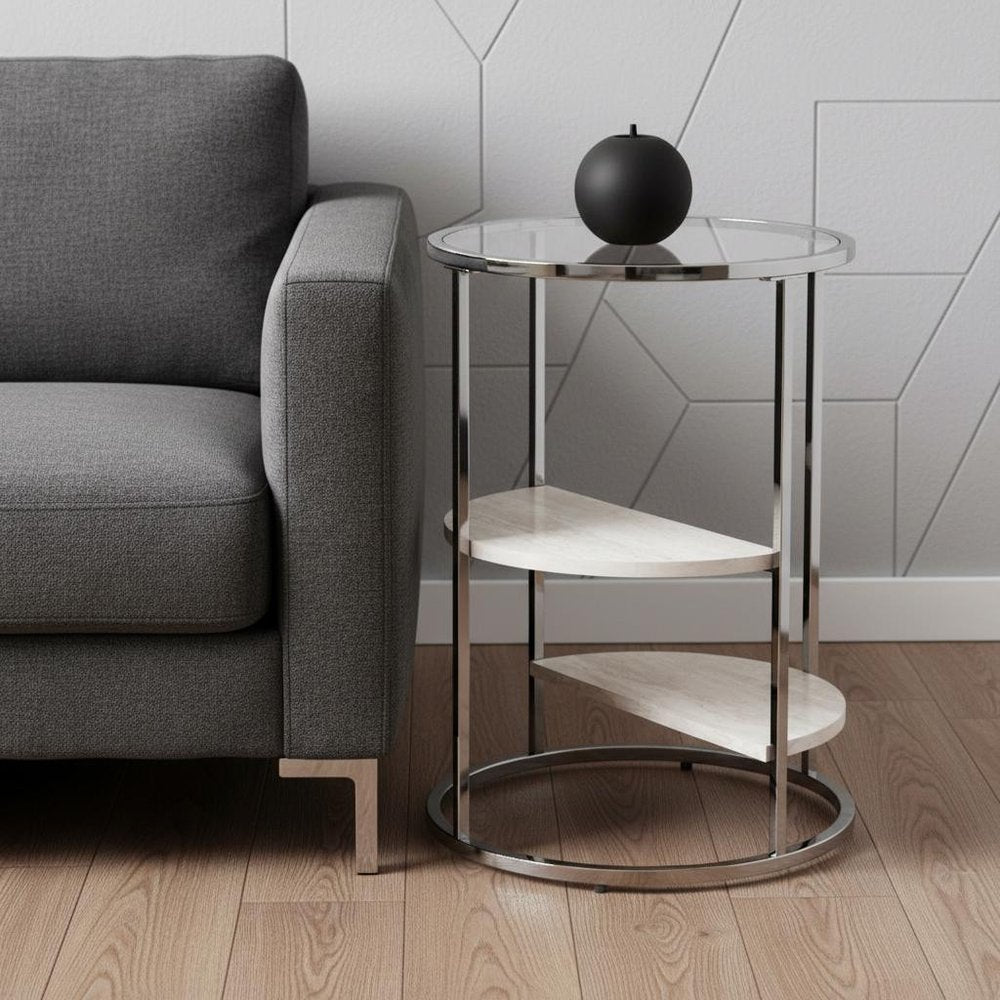 24" Black Metal Glass And Faux Marble Round End Table With Two Shelves