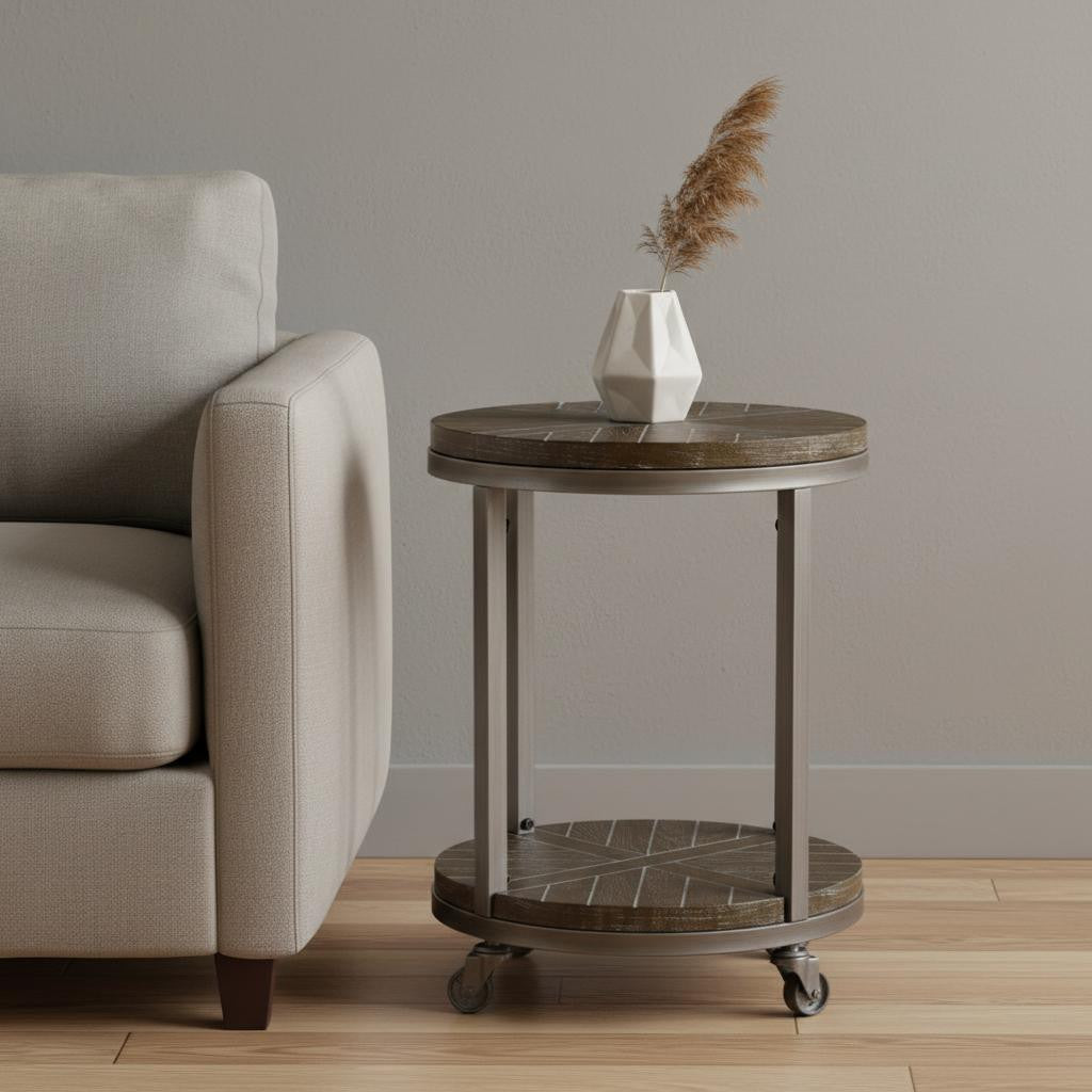 24" Brown Manufactured Wood And Iron Round End Table With Shelf