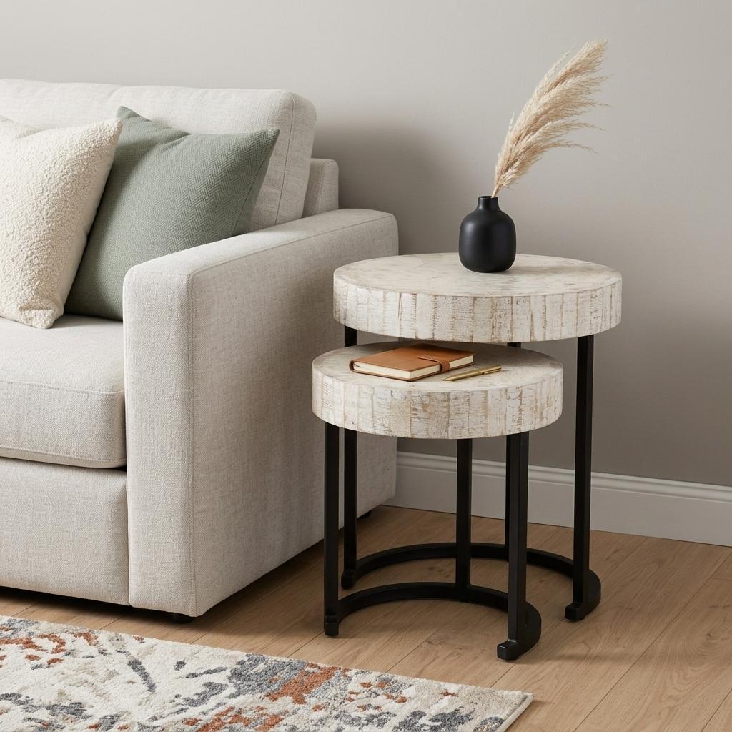 Set Of Two 21" White Solid Wood And Iron Round Nested Tables