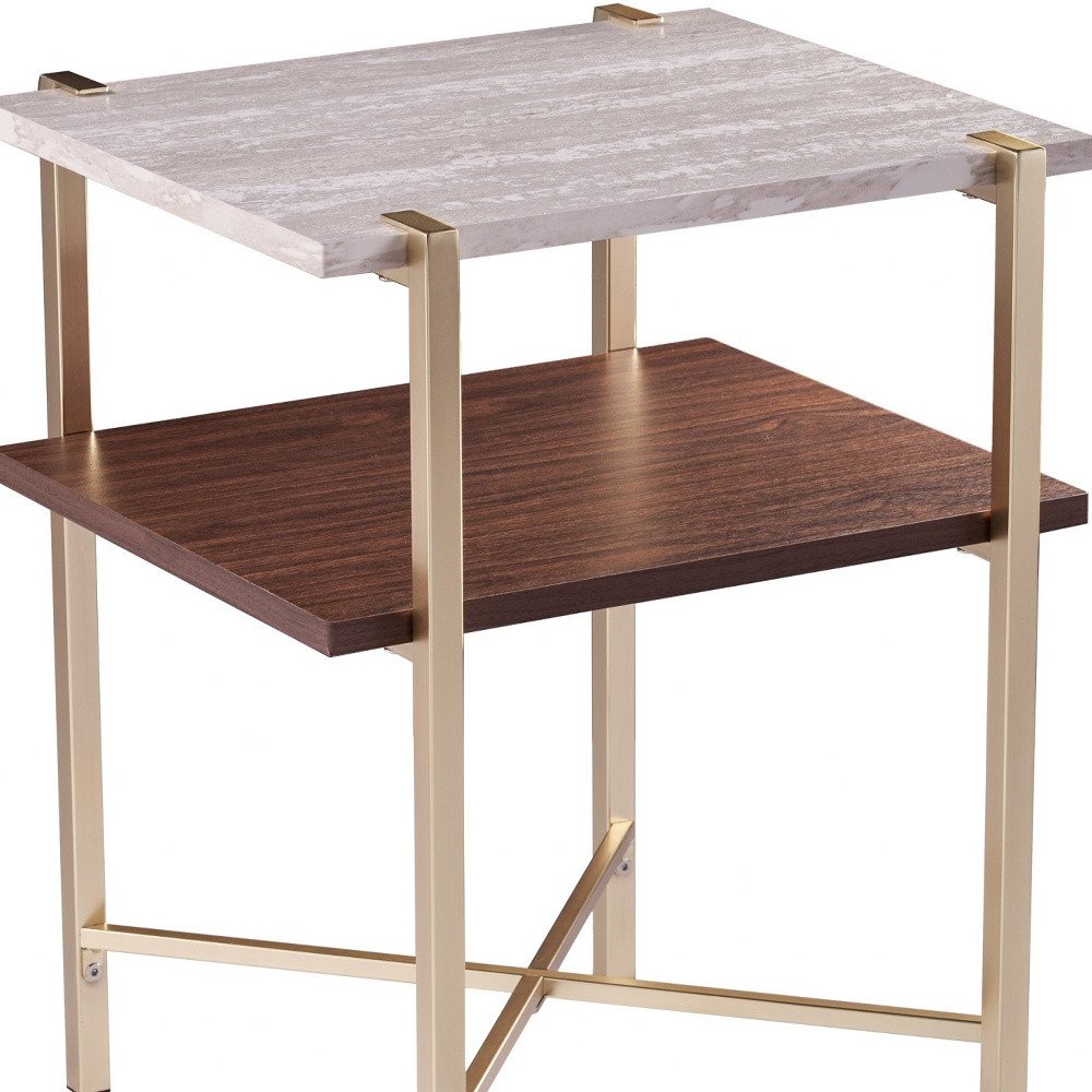 24" Brass Manufactured Wood And Iron Square End Table With Shelf