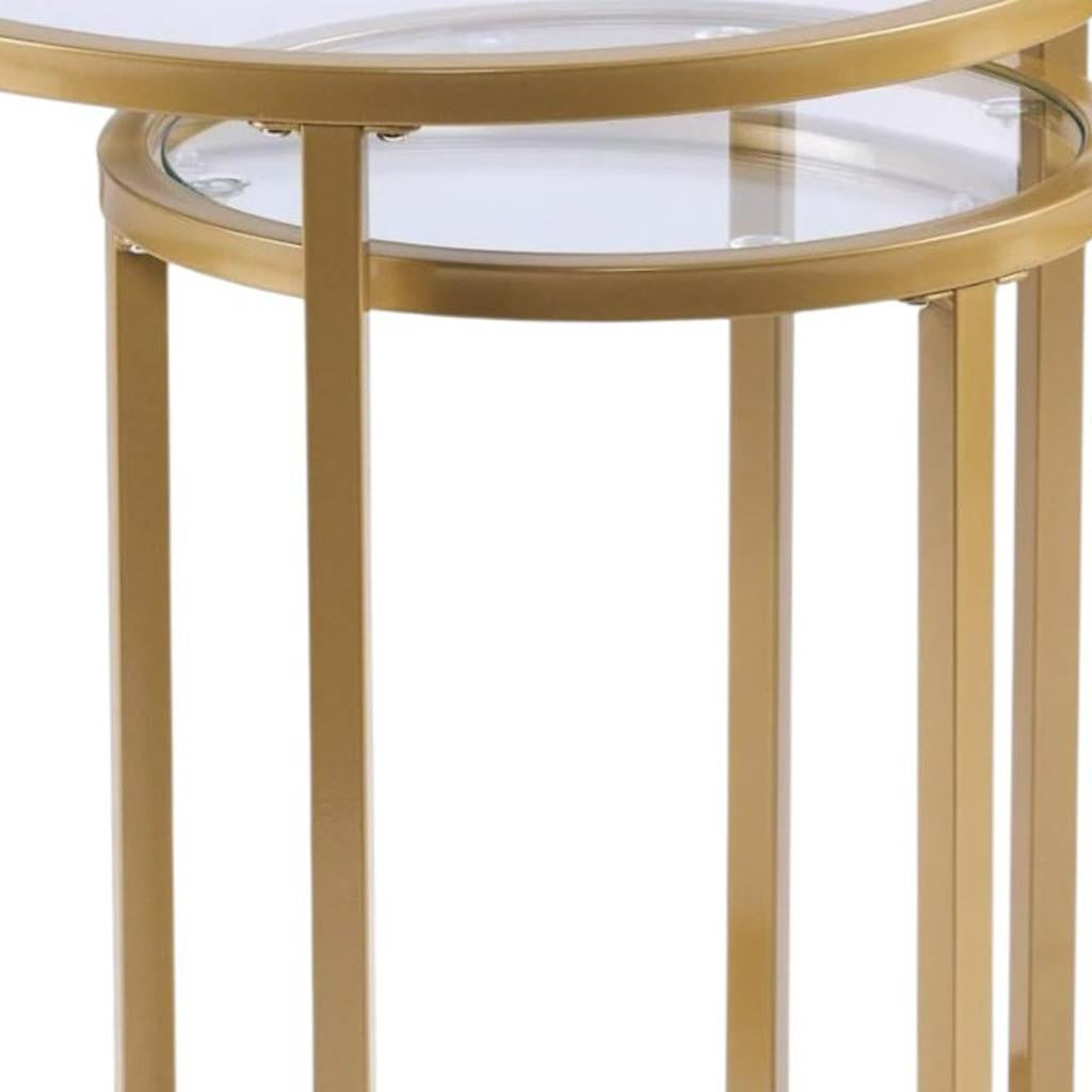 Set Of Two 23" Gold Glass And Steel Round Nested Tables
