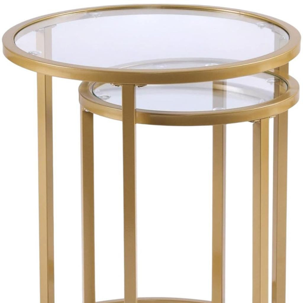 Set Of Two 23" Gold Glass And Steel Round Nested Tables