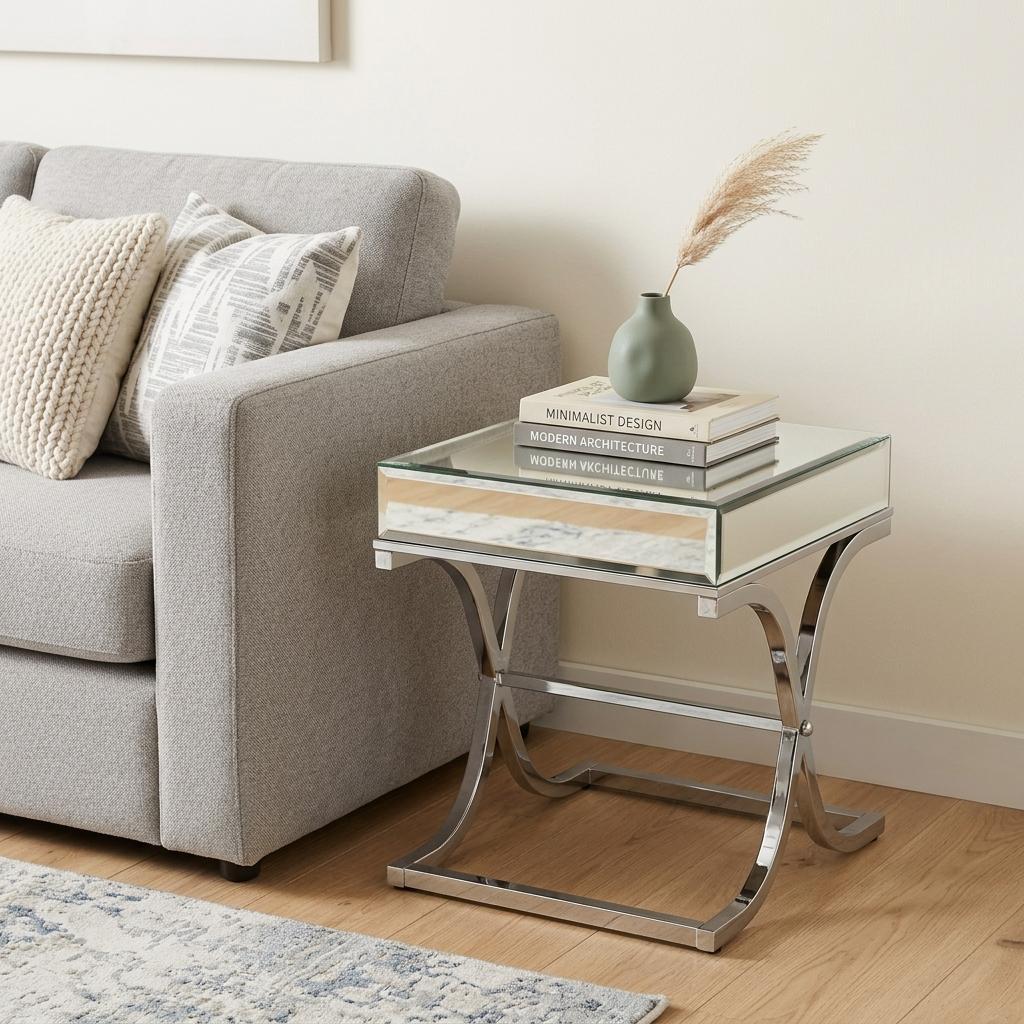 22" Silver And Clear Mirrored Glass Square End Table