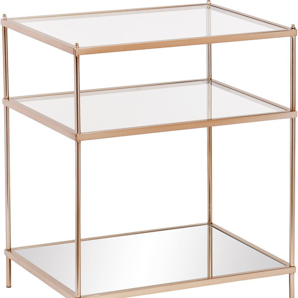 27" Gold And Clear Glass And Iron End Table With Mirrored Shelf