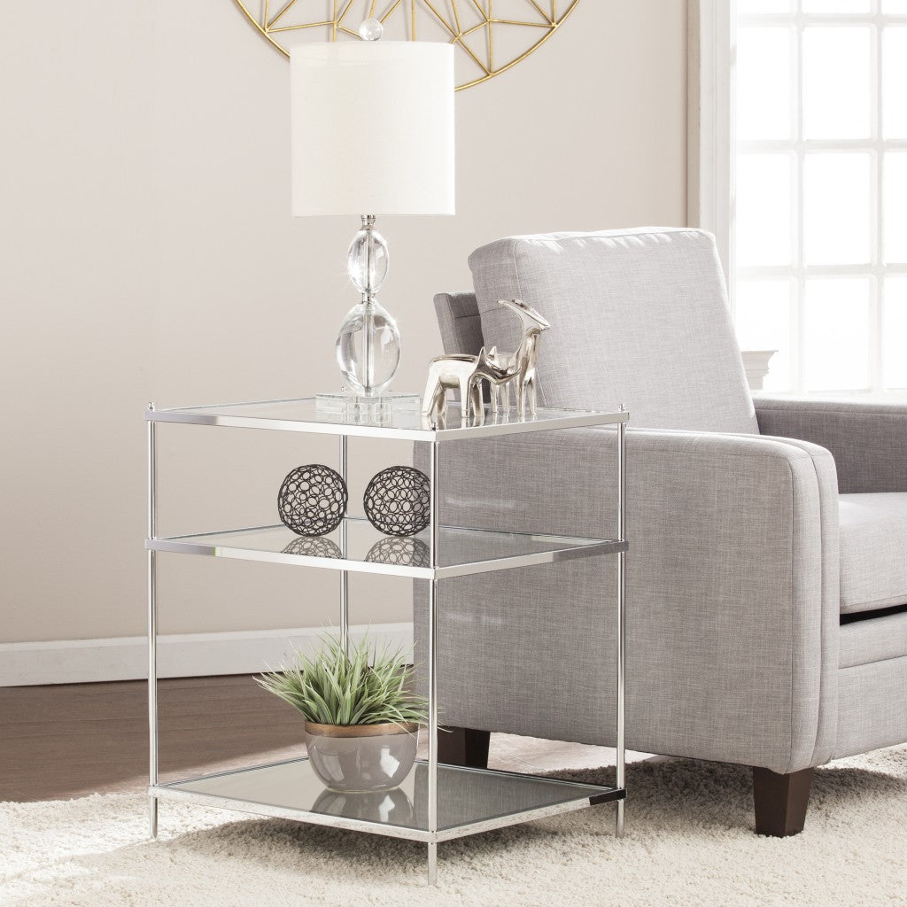 27" Silver Mirrored Glass And Iron End Table With Shelf