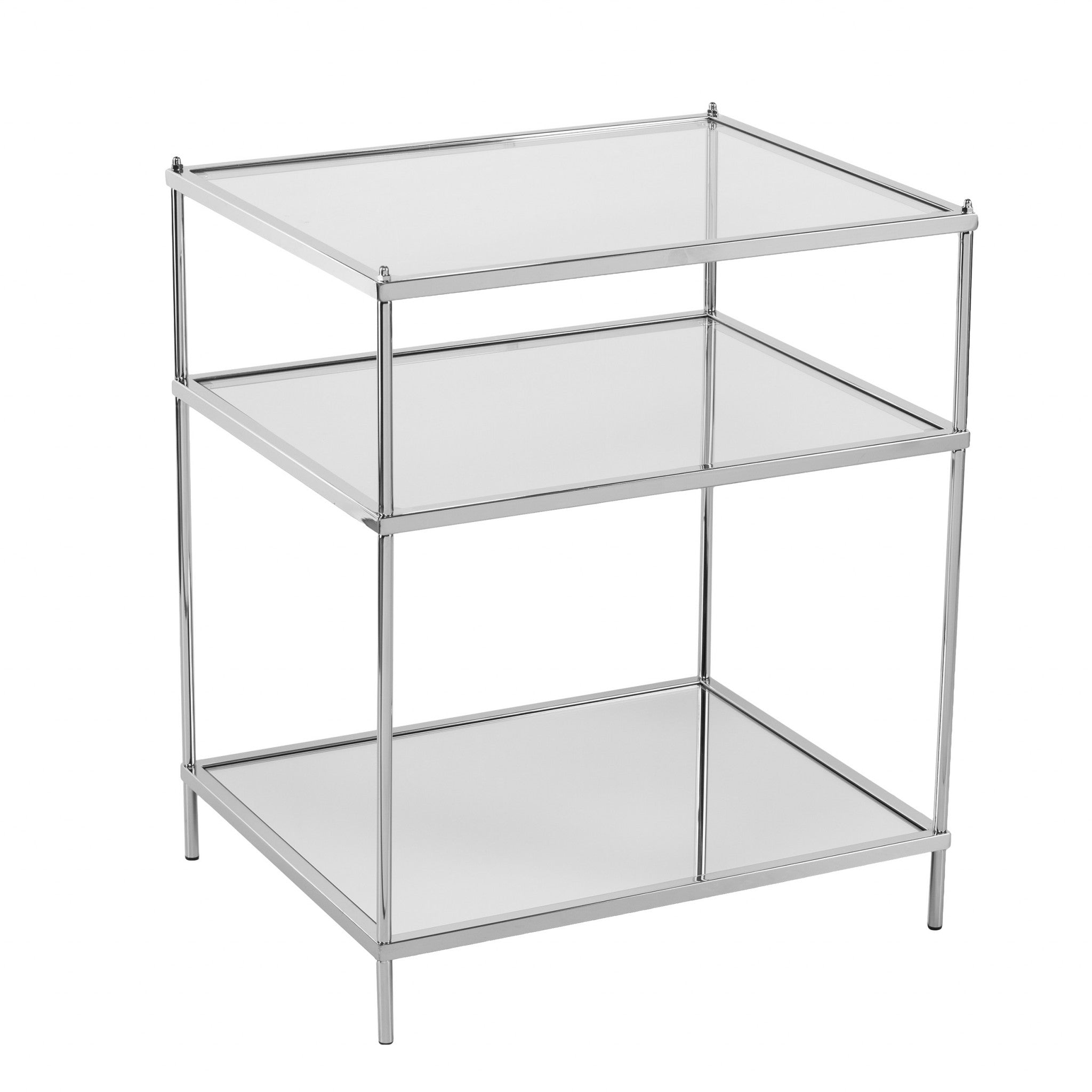 27" Silver Mirrored Glass And Iron End Table With Shelf