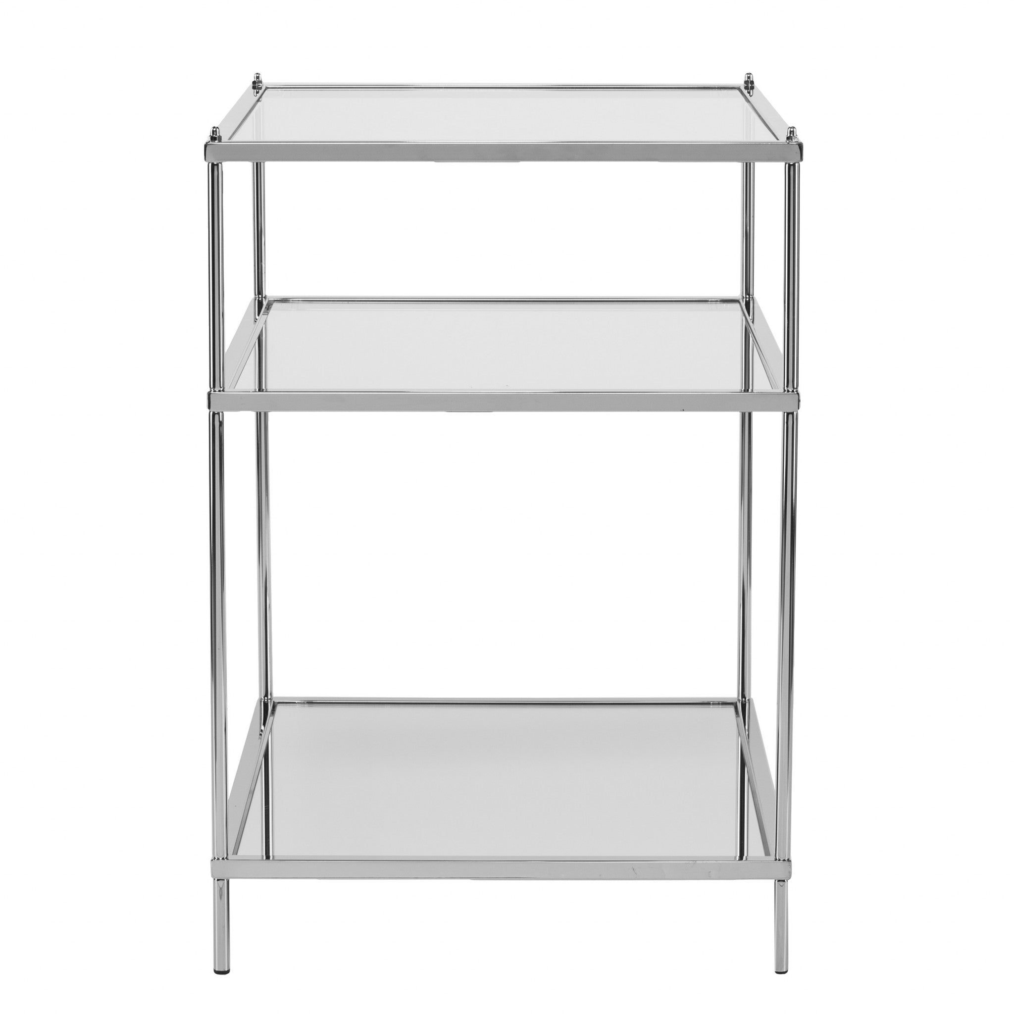 27" Silver Mirrored Glass And Iron End Table With Shelf