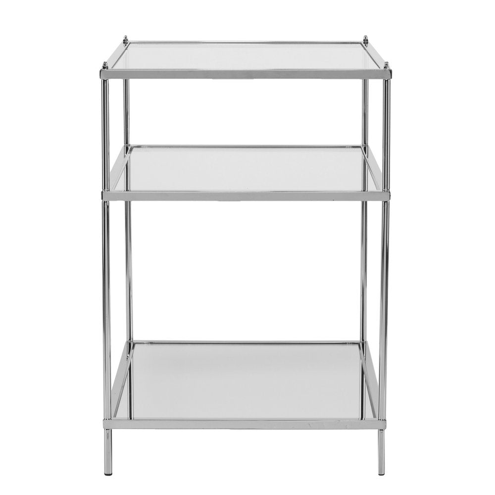 27" Silver Mirrored Glass And Iron End Table With Shelf