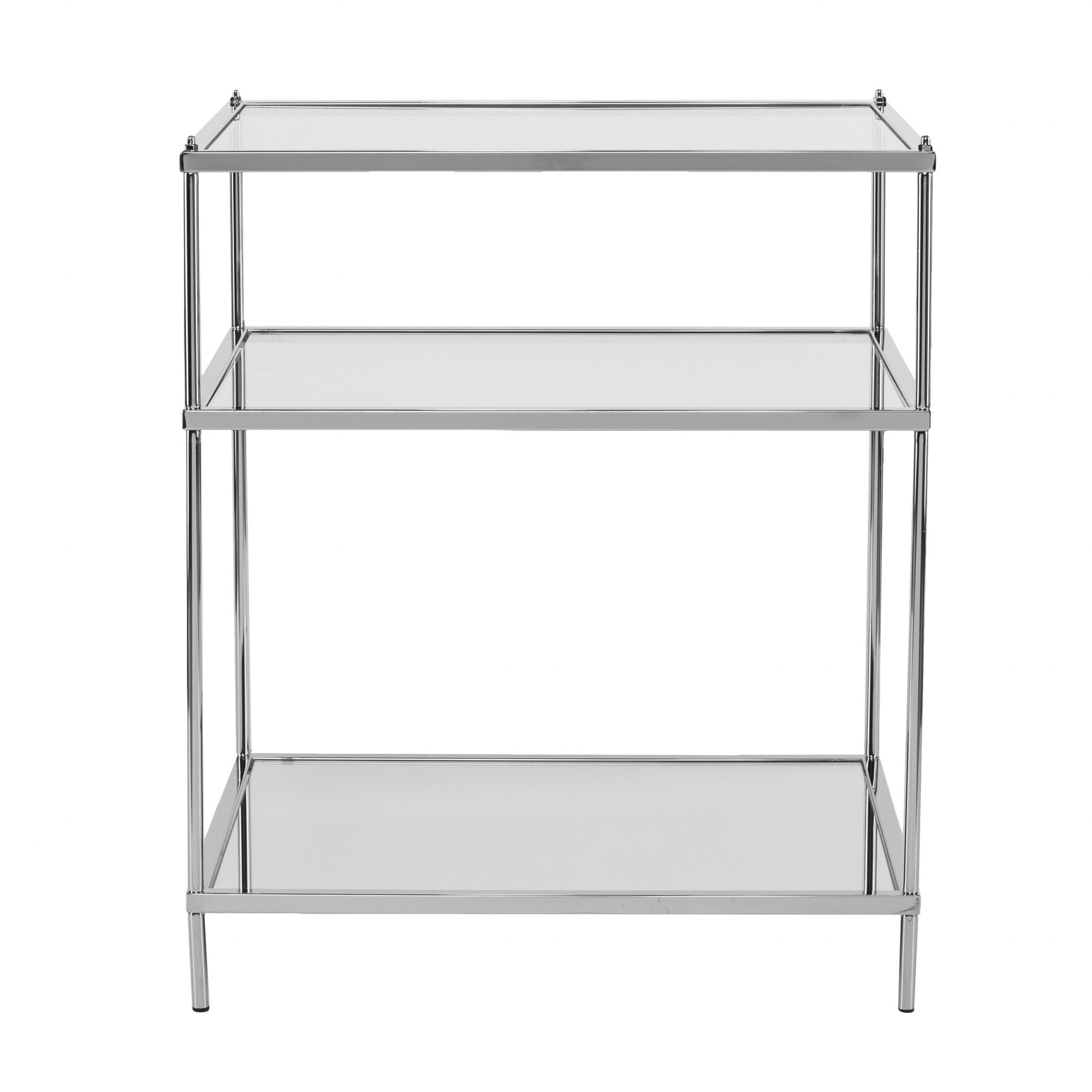 27" Silver Mirrored Glass And Iron End Table With Shelf