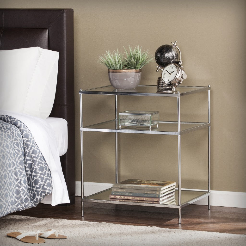 27" Silver Mirrored Glass And Iron End Table With Shelf