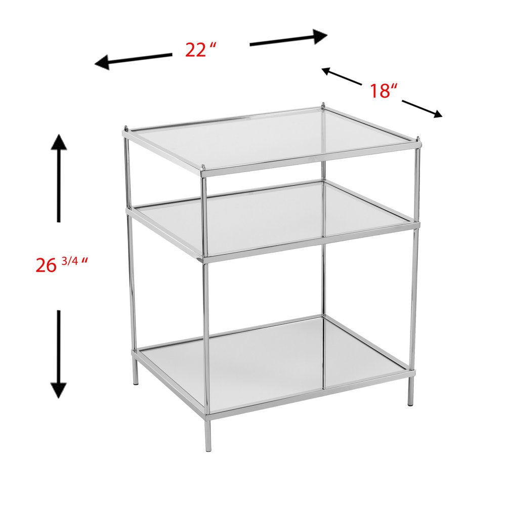 27" Silver Mirrored Glass And Iron End Table With Shelf